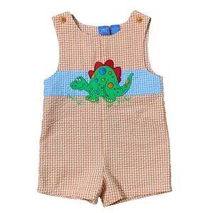 Vintage Dinosaur Orange Gingham Shorts Romper Jumper Checkered Baby Crew 24 M